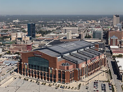 Aerial view of Indianapolis, Indiana, with a focus on Lucas Oil Stadium, a multi-purpose stadium that replaced the RCA Dome as the home field of the National Football League's Indianapolis Colts in 2008.