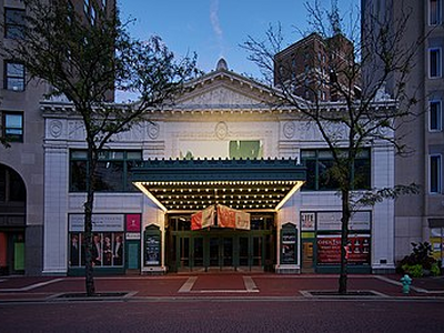 The Hilbert Circle Theatre, pictured at dusk, in Indianapolis, Indiana's capital city