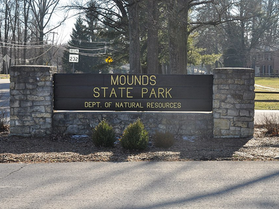 Front sign at Mounds State Park
